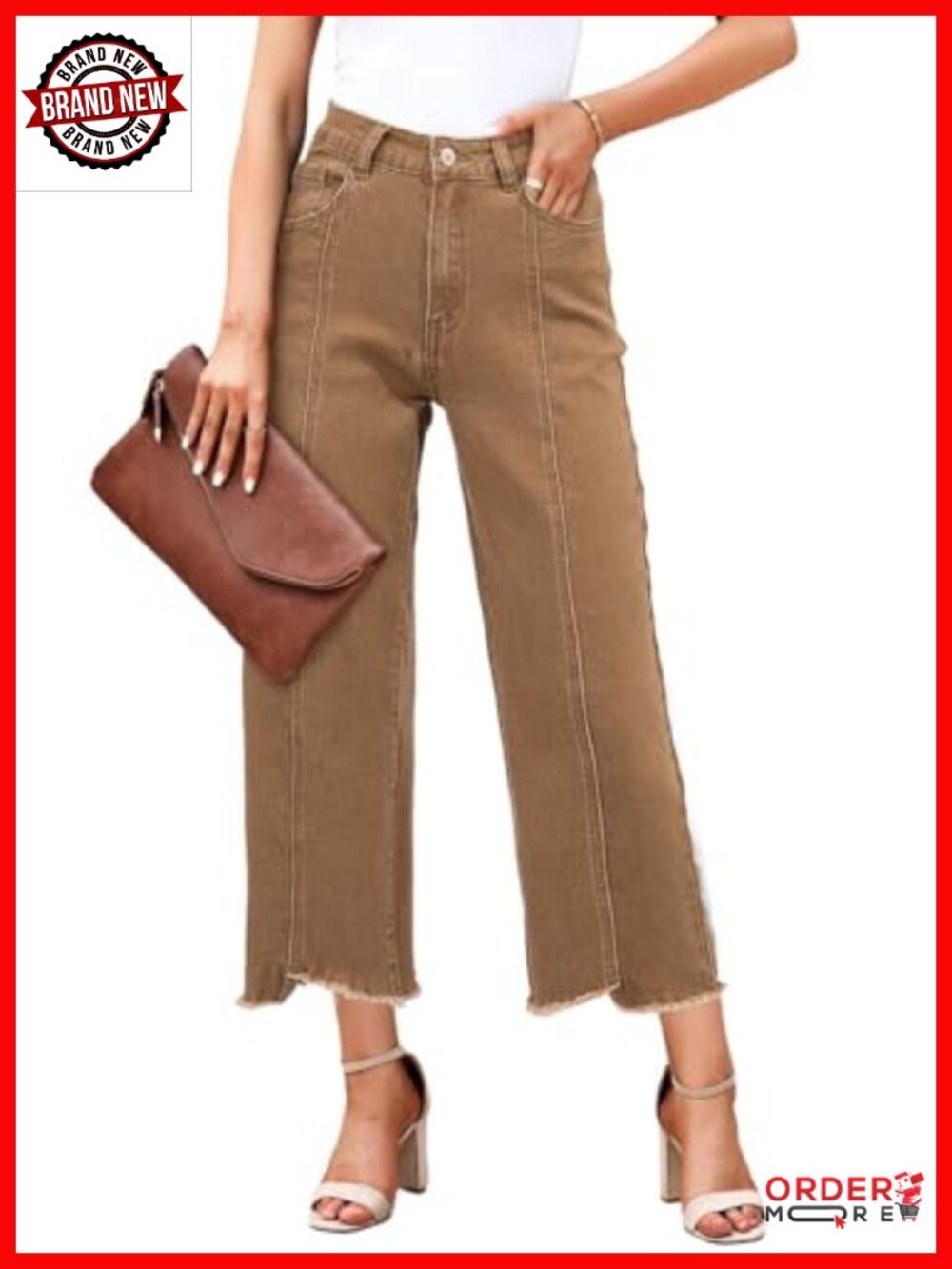 High Waisted Straight Leg Cropped Jeans Wide Leg Raw Hem Cotton Blend